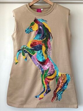 QUEEN OF SPARKLES Tan Multi Horse Tank Dress. Size S. Excellent Condition!